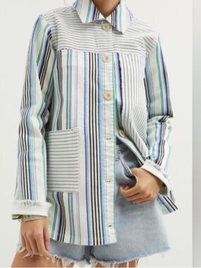 Maeve Striped Button-Front Shirt Jacket in Blue, Green & White